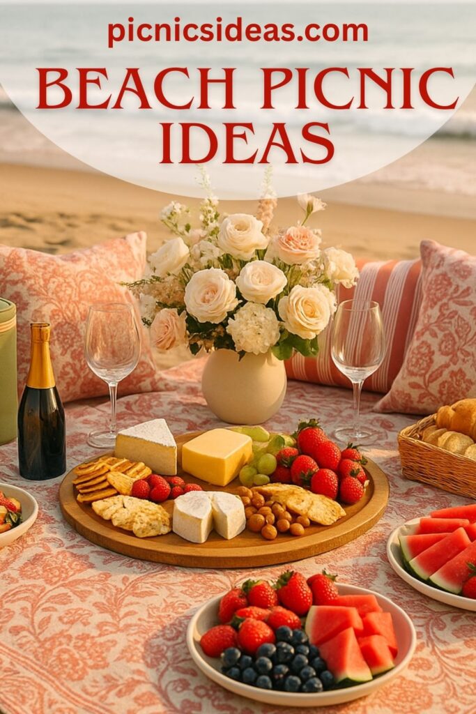Luxury beach picnic with a rosy patterned blanket and matching cushions, set against the ocean. The spread includes artisan cheese, fresh strawberries, grapes, watermelon, bread, and pastries. A floral centerpiece with white roses, champagne, and elegant glassware creates a sophisticated seaside dining experience.