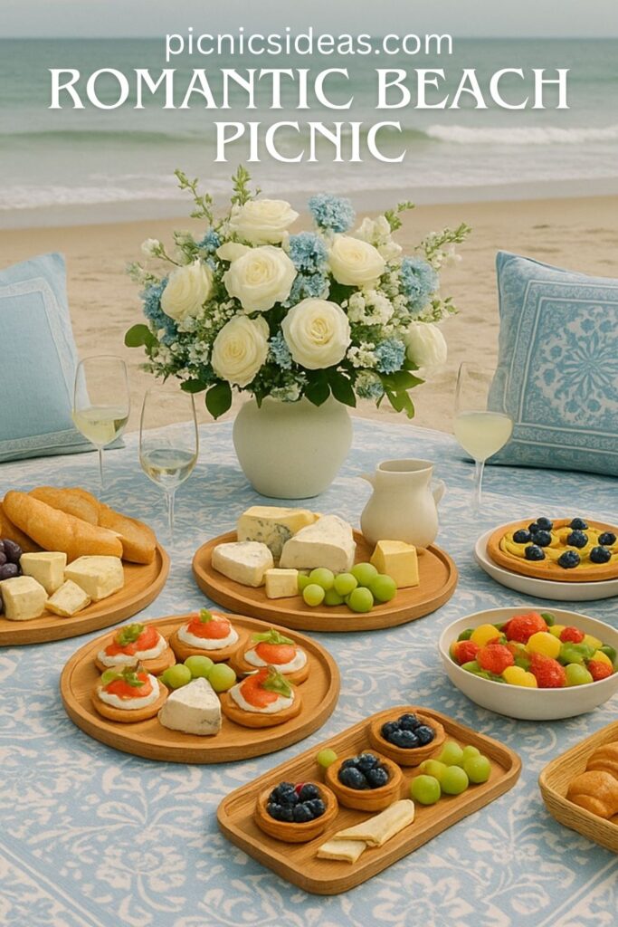 Elegant luxury beach picnic on the sand styled in light blue and white. A patterned blanket with matching cushions surrounds a gourmet spread of artisan cheese, bread, fresh fruit, smoked salmon bites, tarts, and lemonade. A wicker basket with wine, glassware, and a white and blue floral centerpiece completes the refined seaside setup.