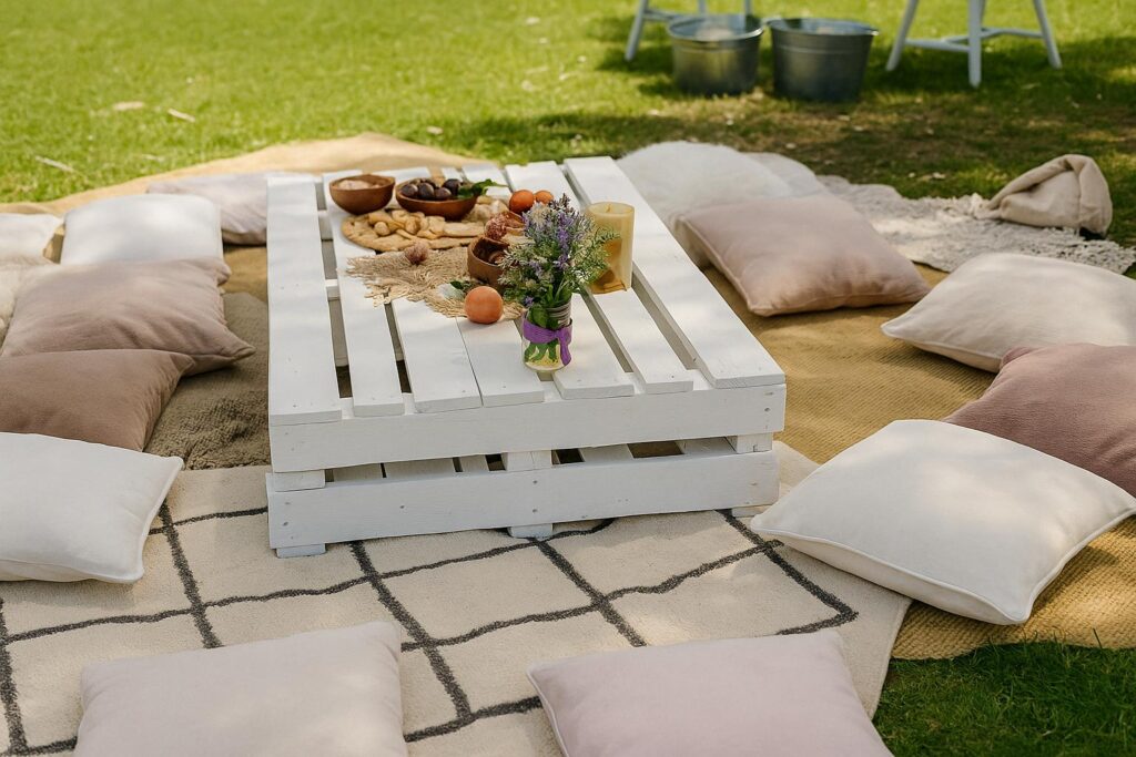 Boho-style picnic setup with a white wooden pallet table, neutral cushions, and assorted snacks on a blanket—ideal for garden gatherings, casual outdoor brunches, and cozy backyard picnic ideas.