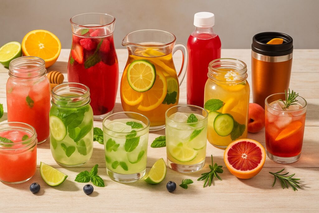 Refreshing summer drinks in glass jars and pitchers, including citrus-infused water, herbal lemonade, iced tea, and fruit mocktails—perfect for hydrating at picnics, garden parties, and warm-weather gatherings.