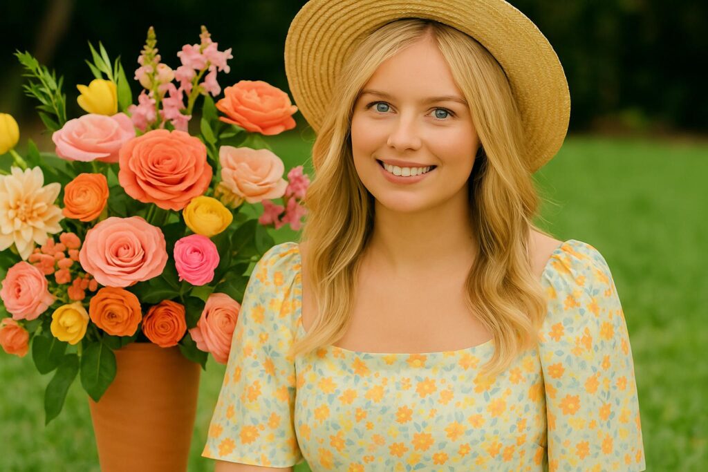 happy birthday, beautiful lady wishes image of a smiling blonde woman wearing a straw hat and a light blue dress with yellow floral patterns, sitting outdoors on green grass. Beside her is a large terracotta vase filled with colorful flowers, including orange, pink, yellow, and cream roses and dahlias, creating a cheerful and summery birthday atmosphere