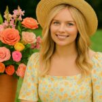 happy birthday, beautiful lady wishes image of a smiling blonde woman wearing a straw hat and a light blue dress with yellow floral patterns, sitting outdoors on green grass. Beside her is a large terracotta vase filled with colorful flowers, including orange, pink, yellow, and cream roses and dahlias, creating a cheerful and summery birthday atmosphere