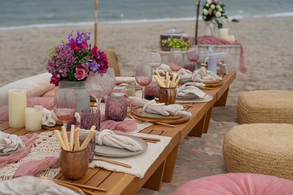 Table Setup That Complements Boho Picnic Seating Arrangement