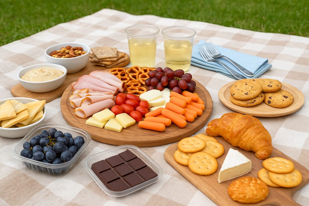 picnic setup for four people on a beige checkered blanket in a green park, featuring sliced baguette, pita bread, cheese cubes, deli meats, hummus cups, grapes, cherry tomatoes, cucumber sticks, baby carrots, pretzels, mixed nuts, brownies, and sparkling water bottles neatly arranged in trays and containers, with reusable cups, napkins, and a picnic basket in the background