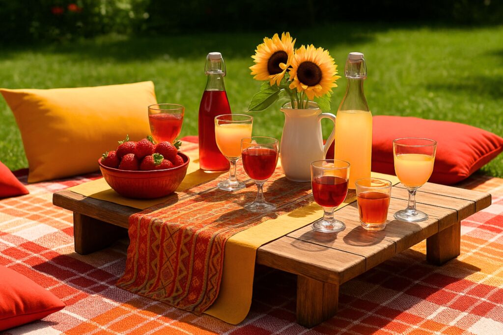 Colorful garden picnic setup with a red and yellow theme, featuring a low wooden table on a plaid blanket surrounded by bright cushions. The table displays multiple glasses of juice, strawberry bowls, glass bottles, and sunflower decor, creating a cheerful outdoor brunch perfect for summer birthdays or festive gatherings.