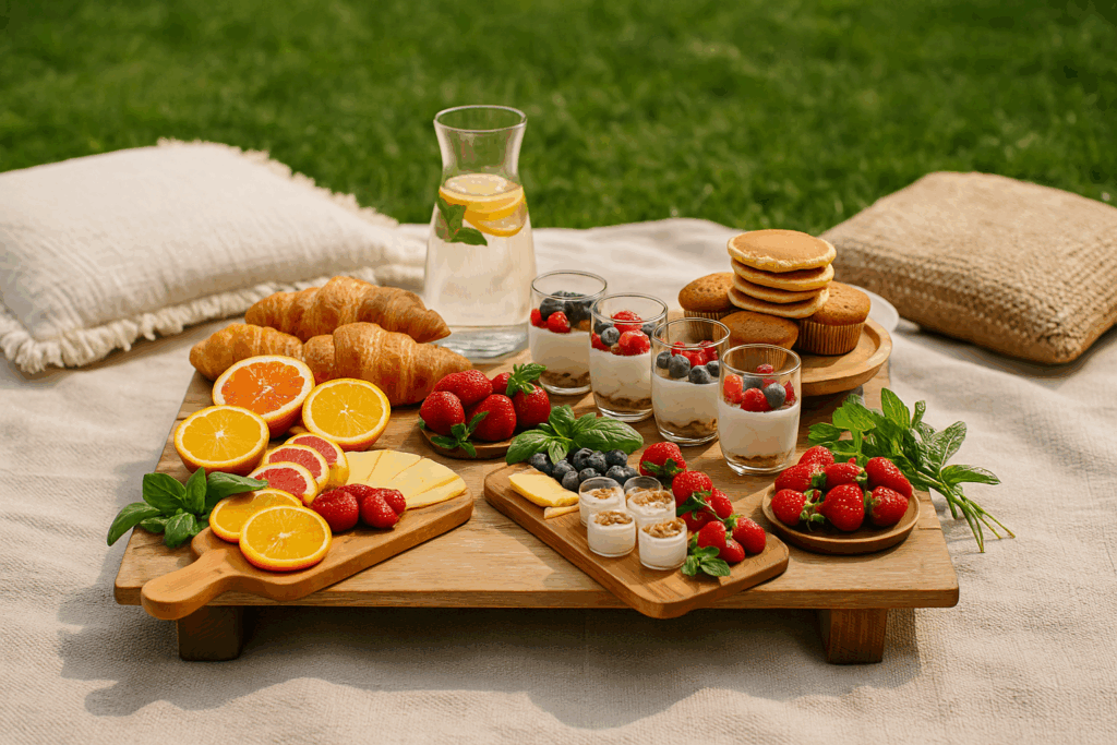 Outdoor brunch picnic with fresh fruit, croissants, yogurt parfaits, pancakes, and citrus water on a low wooden table, styled on a beige picnic blanket with pillows on the grass.
