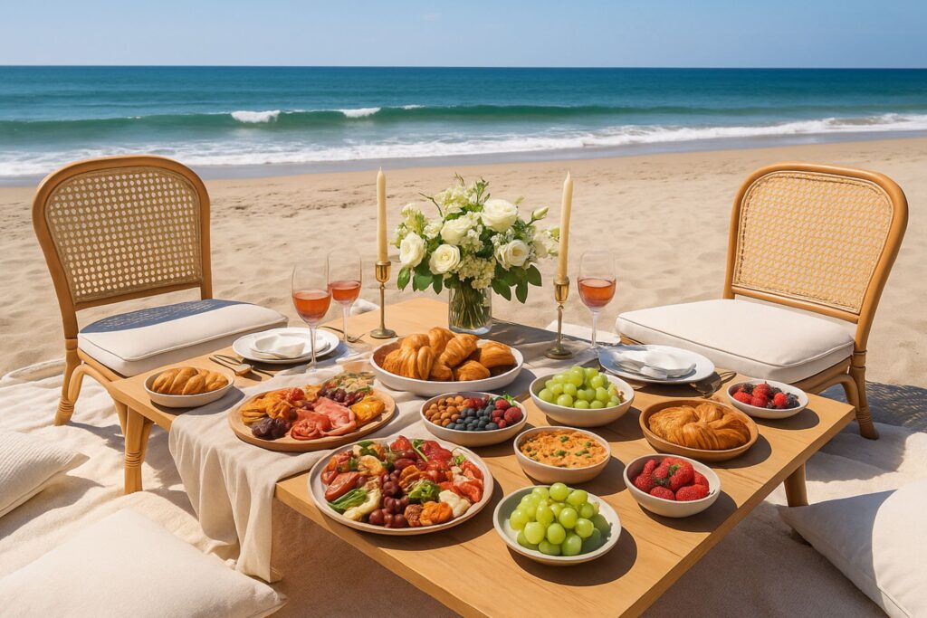 Luxury seaside picnic setup for two with a wooden table full of keto-friendly foods, fresh fruit, cheeses, charcuterie, croissants, and wine by the ocean.