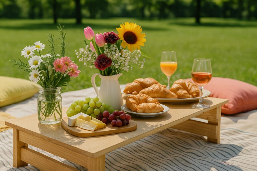 Low wooden picnic table set on a soft blanket in a green forest clearing, adorned with fresh flowers, orange and pink cushions, and brunch items like croissants, cheeses, fruits, and fresh juice. A charming, well-organized setup ideal for a relaxed birthday brunch picnic surrounded by nature.