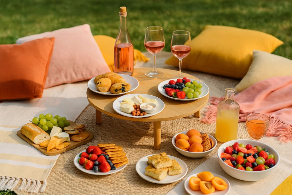 Low picnic table made from wooden crates, topped with birthday brunch picnic items including croissants, quiche, grapes, strawberries, orange juice, rosé, and floral centerpieces. Surrounded by colorful cushions on a patterned blanket in a green park setting, perfect for an organized outdoor birthday brunch setup.