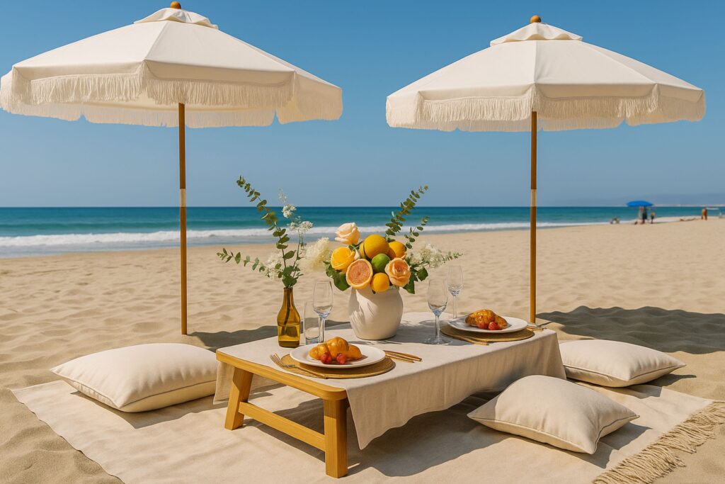 Elegant beach picnic setup with two white fringed umbrellas, a low wooden table covered with a beige cloth, plates with croissants and fruit, floral arrangements with citrus accents, and soft cushions on sand by the ocean.