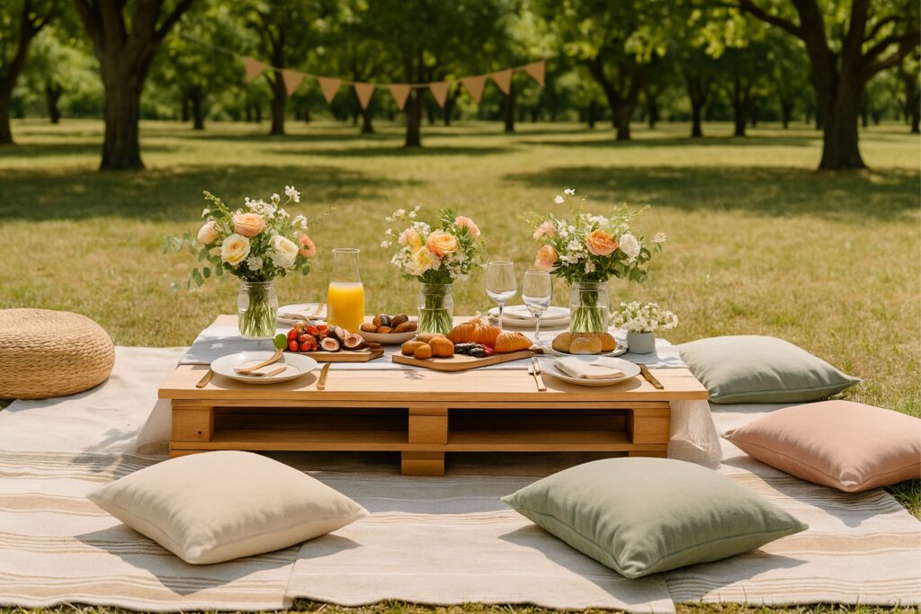 Birthday brunch picnic setup in a sunny park with cozy cushions, low wooden table, pastel floral arrangements, croissants, fruit platter, and orange juice. Outdoor birthday celebration decor with trees in the background, striped blanket, and elegant tableware for a relaxed garden-style picnic party.