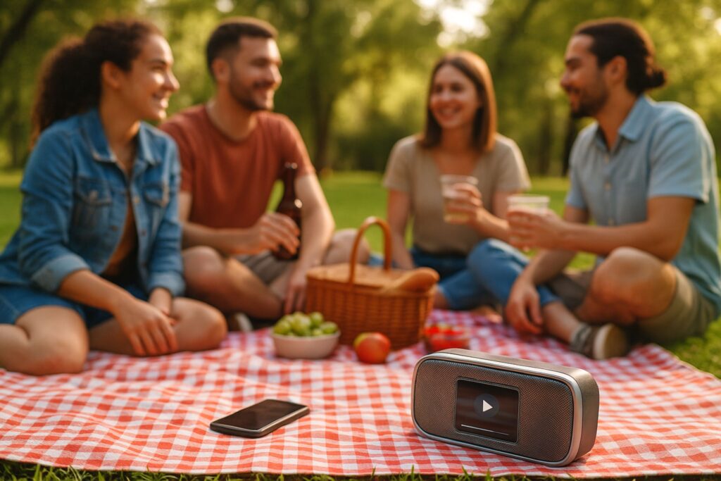 Four friends enjoying a summer picnic in a park, sitting on a red and white checkered blanket with a wicker basket, fruit, and drinks, while a portable Bluetooth music speaker and smartphone rest in the foreground. The clear speaker detail highlights safe picnic playlist volume, creating a relaxed outdoor atmosphere surrounded by green trees.