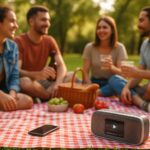 Four friends enjoying a summer picnic in a park, sitting on a red and white checkered blanket with a wicker basket, fruit, and drinks, while a portable Bluetooth music speaker and smartphone rest in the foreground. The clear speaker detail highlights safe picnic playlist volume, creating a relaxed outdoor atmosphere surrounded by green trees.
