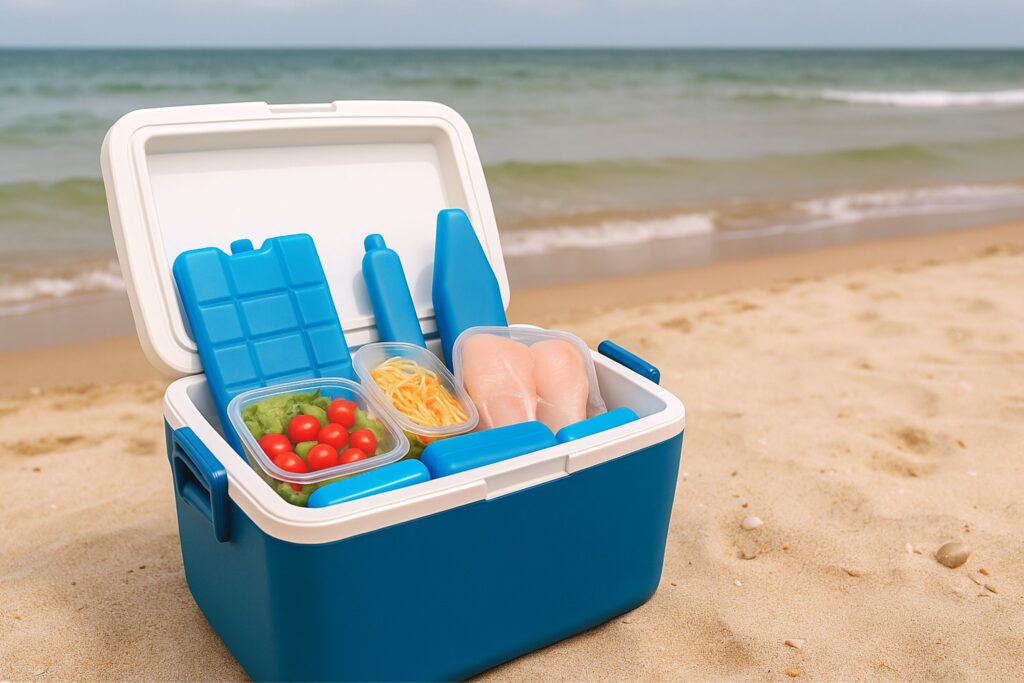 Open picnic cooler at the beach with reusable freezer packs, sandwiches, and drinks, safe cooler storage by the sea on a sunny day.