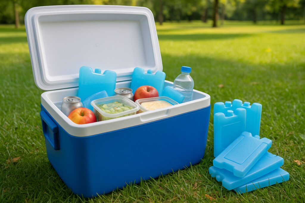Picnic cooler with reusable ice packs, cold drinks, and food on a blanket in a grassy park under trees, safe outdoor food storage.