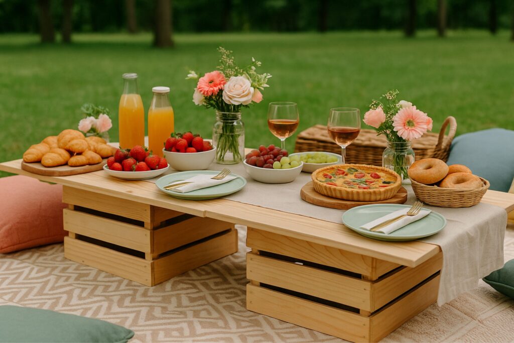 Outdoor birthday brunch picnic in a sunny park featuring a low wooden table decorated with fresh flowers in mason jars and pitchers, including sunflowers, daisies, and tulips. Surrounded by cozy cushions, striped blanket, croissants, grapes, and glasses of juice, creating a polished and natural brunch setup.