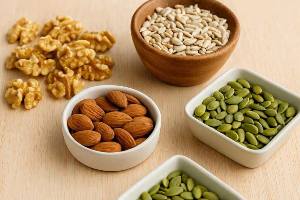 Assortment of keto-friendly nuts and seeds including almonds, walnuts, sunflower seeds, and pumpkin seeds arranged in bowls on a wooden surface, ideal for steady energy and low-carb picnics.