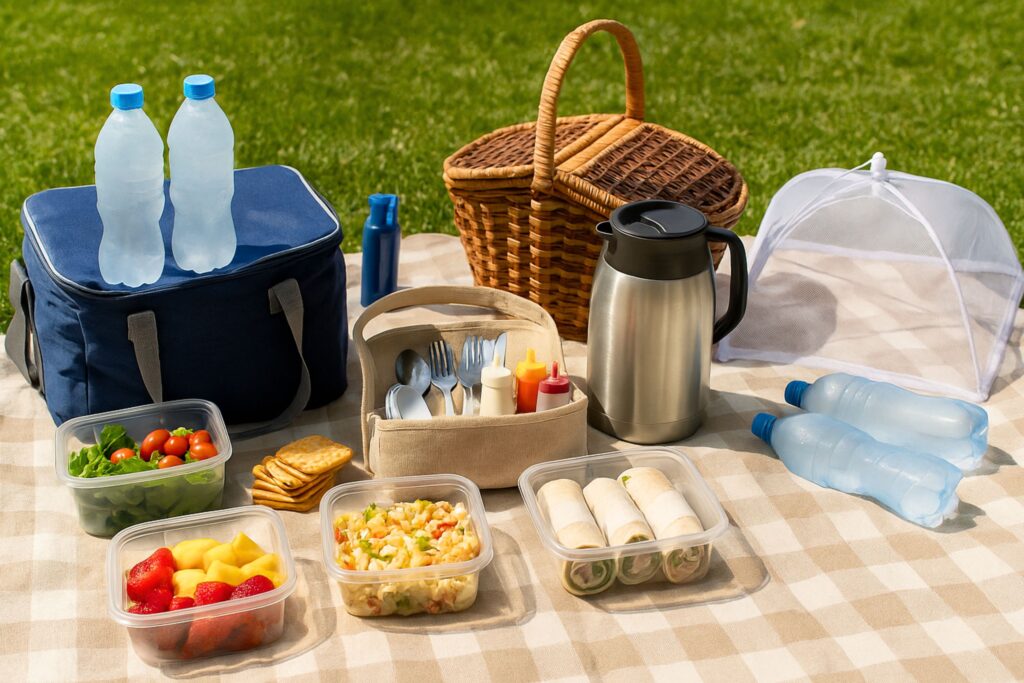 Realistic picnic setup on a beige checkered blanket with reusable containers of pasta salad, fresh strawberries, mango slices, green salad with cherry tomatoes, wraps, crackers, frozen water bottles, navy cooler bag, wicker picnic basket, stainless steel thermos, utensil and condiment caddy, bug spray, and mesh food cover arranged on lush green grass for an organized, time-saving outdoor meal.