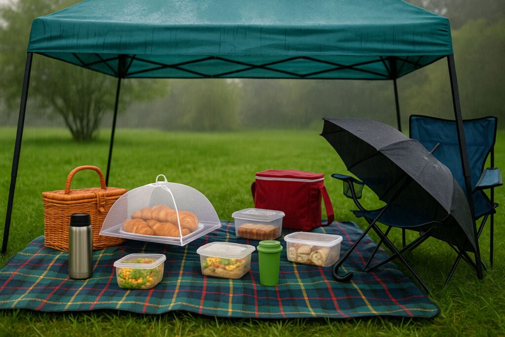Rainy day picnic setup under a green pop-up canopy with a waterproof blanket, wicker basket, thermos, and food containers protected from the drizzle in a grassy park.
