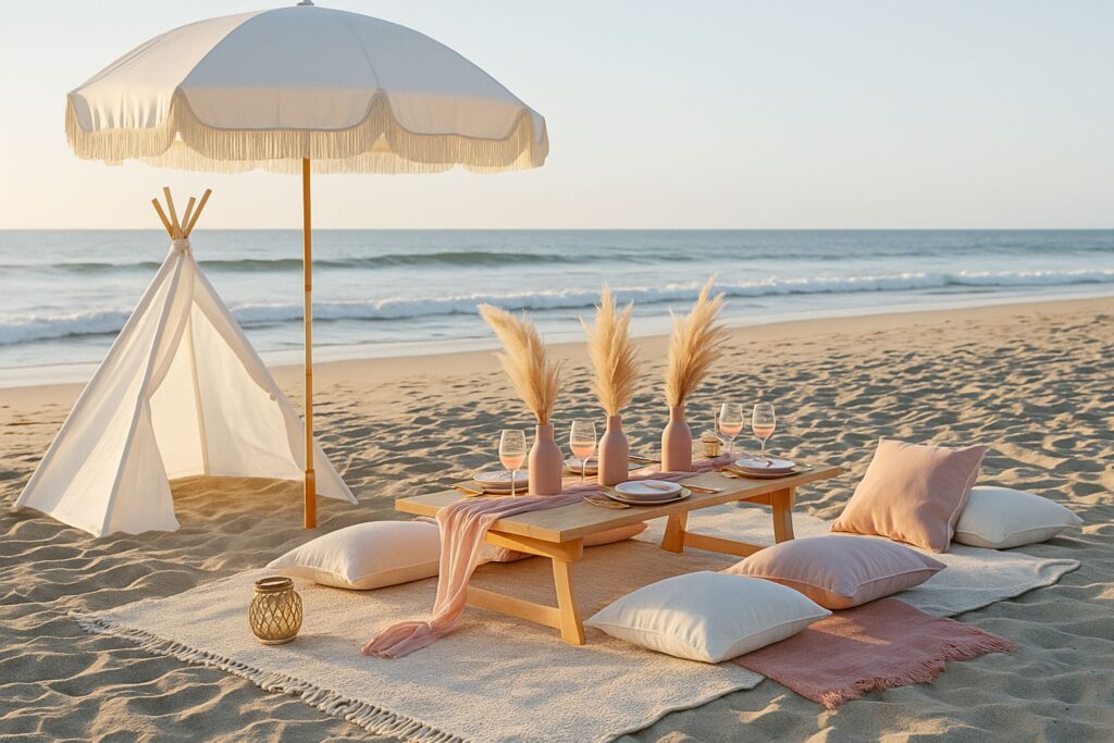 Elegant beach picnic scene with a white fringed umbrella, small wooden table, blush pink pampas grass arrangements, neatly set plates and glasses, cozy cream and blush cushions, and a white teepee on soft sand by the shoreline.