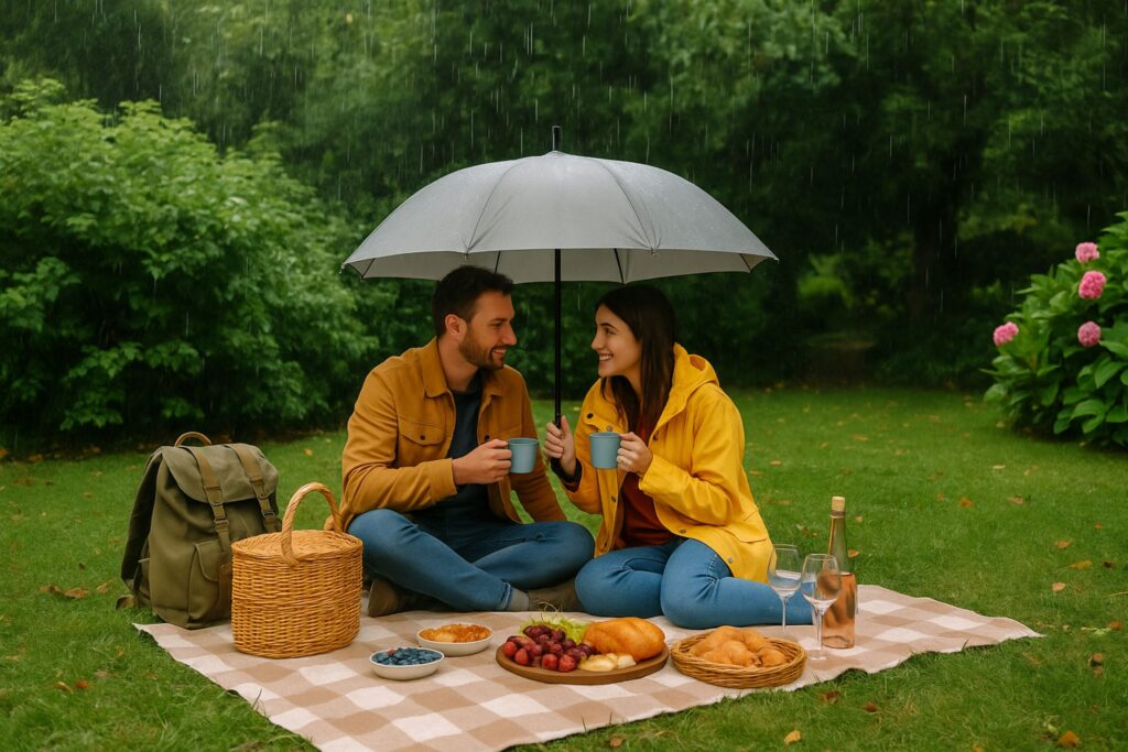 Cozy garden picnic during rainfall with a couple sharing hot drinks under an umbrella, sitting on a blanket with fruit, croissants, wine, and a wicker basket nearby.