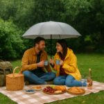 Cozy garden picnic during rainfall with a couple sharing hot drinks under an umbrella, sitting on a blanket with fruit, croissants, wine, and a wicker basket nearby.