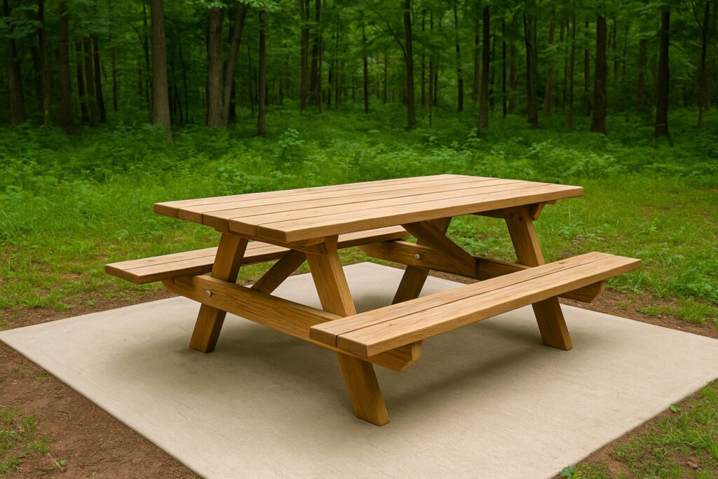 A wooden ADA-compliant picnic table on a concrete pad in a forest park setting. The table features extended space at one end without a bench, providing wheelchair accessibility. Surrounded by lush green grass and tall trees, the table is designed with clear ground access for inclusive outdoor use.