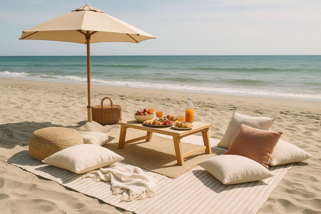 Cozy beach picnic setup with a beige umbrella, low wooden table holding croissants, fresh fruit, and orange juice, surrounded by soft cream and peach cushions, woven pouf, and striped blanket on sand near the ocean.