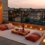 Cozy romantic rooftop picnic setup at sunset with city skyline view, wooden pallet table, wine glasses, cheese, grapes, strawberries, cushions, warm string lights, and LED candles creating an intimate evening atmosphere.