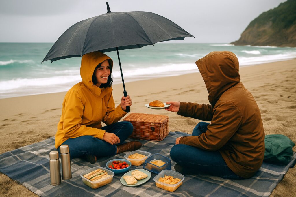 Couple enjoying a seaside picnic on the sandy shore during light rain, sitting under an umbrella with a picnic basket, thermoses, and food spread overlooking ocean waves.