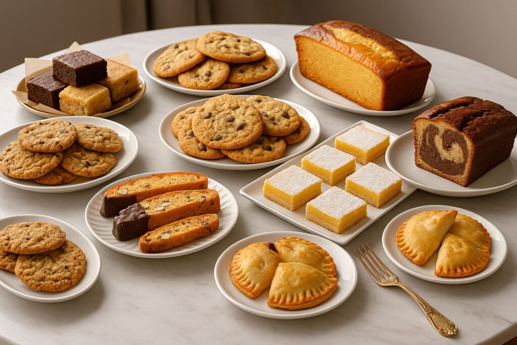 A luxury dessert spread arranged on a white table, featuring travel-friendly sweets. Plates display stacks of chocolate chip cookies, golden biscotti dipped in chocolate, fudgy brownies, buttery shortbread bars dusted with powdered sugar, apple hand pies, a glazed lemon loaf cake, and a marble swirl loaf. The desserts are neatly organized for a picnic or gathering, showcasing variety, freshness, and portability.