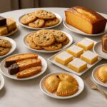 A luxury dessert spread arranged on a white table, featuring travel-friendly sweets. Plates display stacks of chocolate chip cookies, golden biscotti dipped in chocolate, fudgy brownies, buttery shortbread bars dusted with powdered sugar, apple hand pies, a glazed lemon loaf cake, and a marble swirl loaf. The desserts are neatly organized for a picnic or gathering, showcasing variety, freshness, and portability.