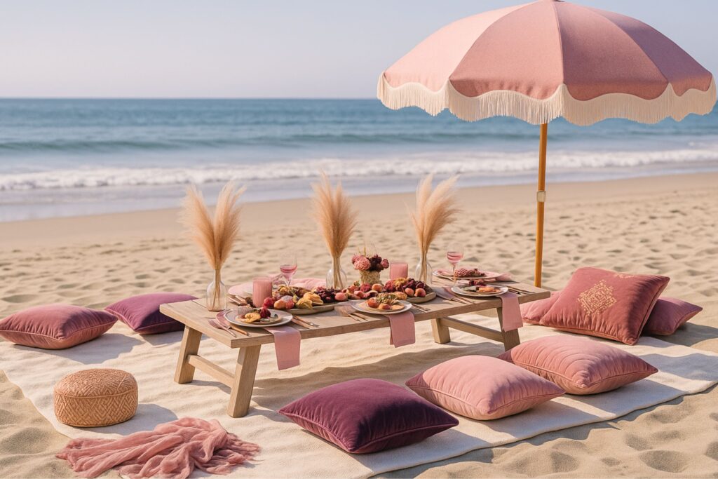 Luxurious beach picnic setup in rosy and purple tones with a fringed umbrella, low wooden table, pampas grass centerpieces, gourmet charcuterie platters, and plush velvet floor cushions on a sand-colored blanket by the ocean.