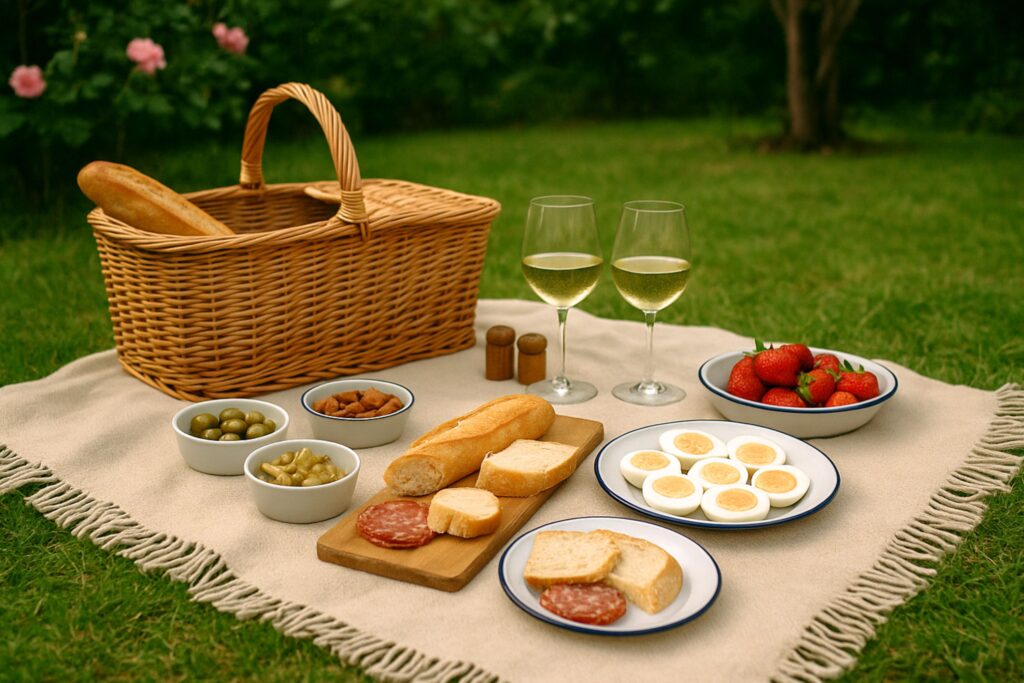 Garden picnic setup with keto picnic foods including olives, boiled eggs, almonds, cheese, and charcuterie on a blanket with a wicker basket and wine glasses.