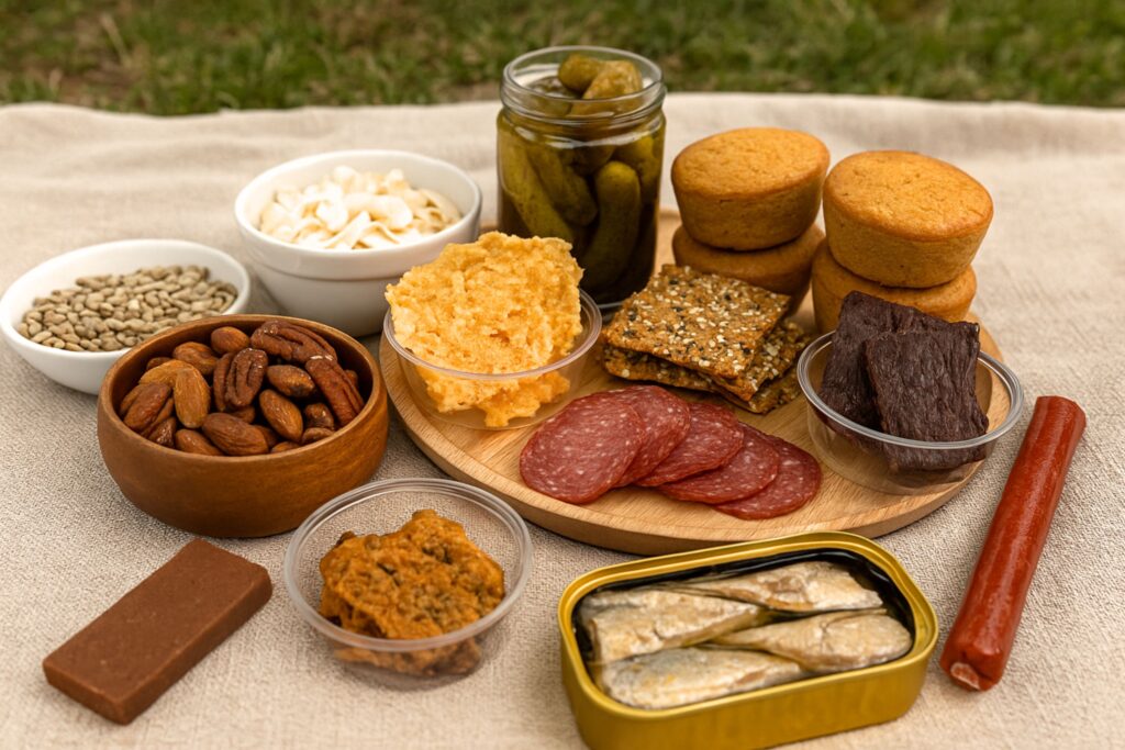 Keto picnic snacks displayed on a blanket outdoors with cheese crisps, salami, nuts, olives, beef jerky, and canned sardines as low-carb, no-refrigeration options.