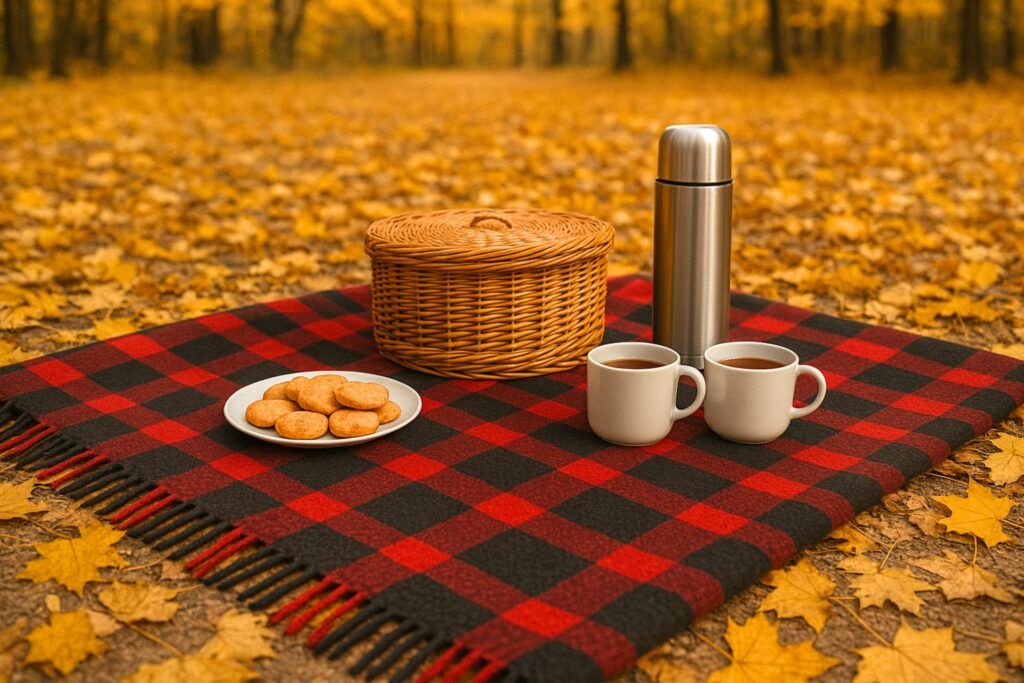 Red and black striped wool picnic blanket in sharp focus, spread on a forest floor carpeted with golden autumn leaves. The cozy fall picnic setup for two includes a wicker basket, two white cups of tea, a stainless steel thermos, and a plate of homemade cookies. Warm golden foliage and softly blurred tree trunks create a scenic autumn woodland backdrop. Ideal image for blogs about wool picnic blankets, outdoor autumn picnics, eco-friendly picnic essentials, cold-weather picnic ideas, and cozy forest tea breaks.