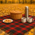 Red and black striped wool picnic blanket in sharp focus, spread on a forest floor carpeted with golden autumn leaves. The cozy fall picnic setup for two includes a wicker basket, two white cups of tea, a stainless steel thermos, and a plate of homemade cookies. Warm golden foliage and softly blurred tree trunks create a scenic autumn woodland backdrop. Ideal image for blogs about wool picnic blankets, outdoor autumn picnics, eco-friendly picnic essentials, cold-weather picnic ideas, and cozy forest tea breaks.