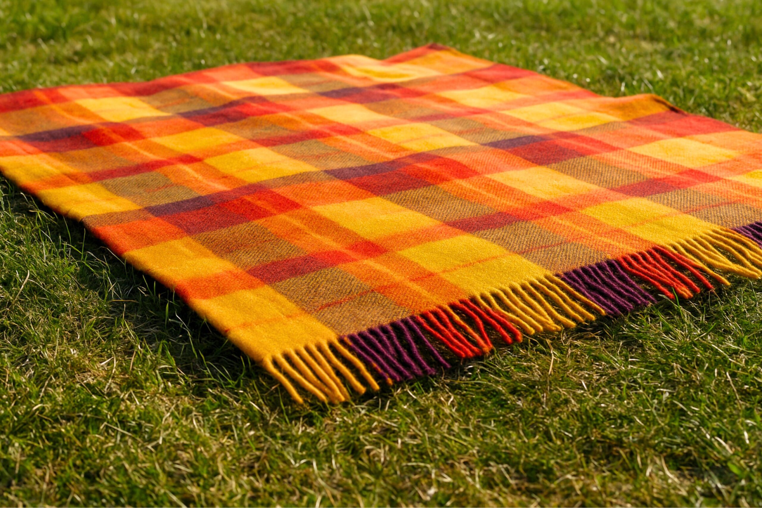 Bright plaid wool picnic blanket with bold yellow, orange, and red stripes accented by subtle purple and brown tones, lying on a sunny grassy field with visible natural texture and soft daylight shadows.