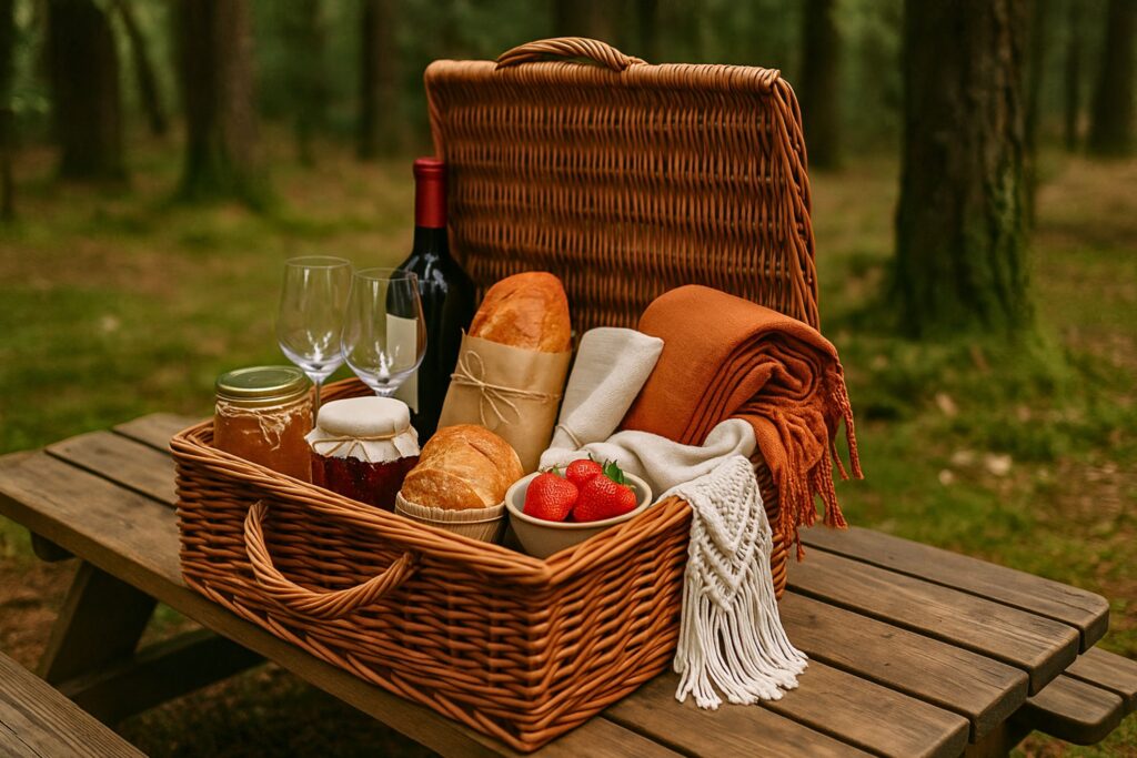 A rustic wicker picnic basket styled for a boho picnic, set on a wooden table in a forest clearing. The basket contains fresh bread, jars of jam and honey, strawberries, wine, glassware, and folded blankets with macramé details. Tall trees and soft natural light frame the cozy woodland setting.