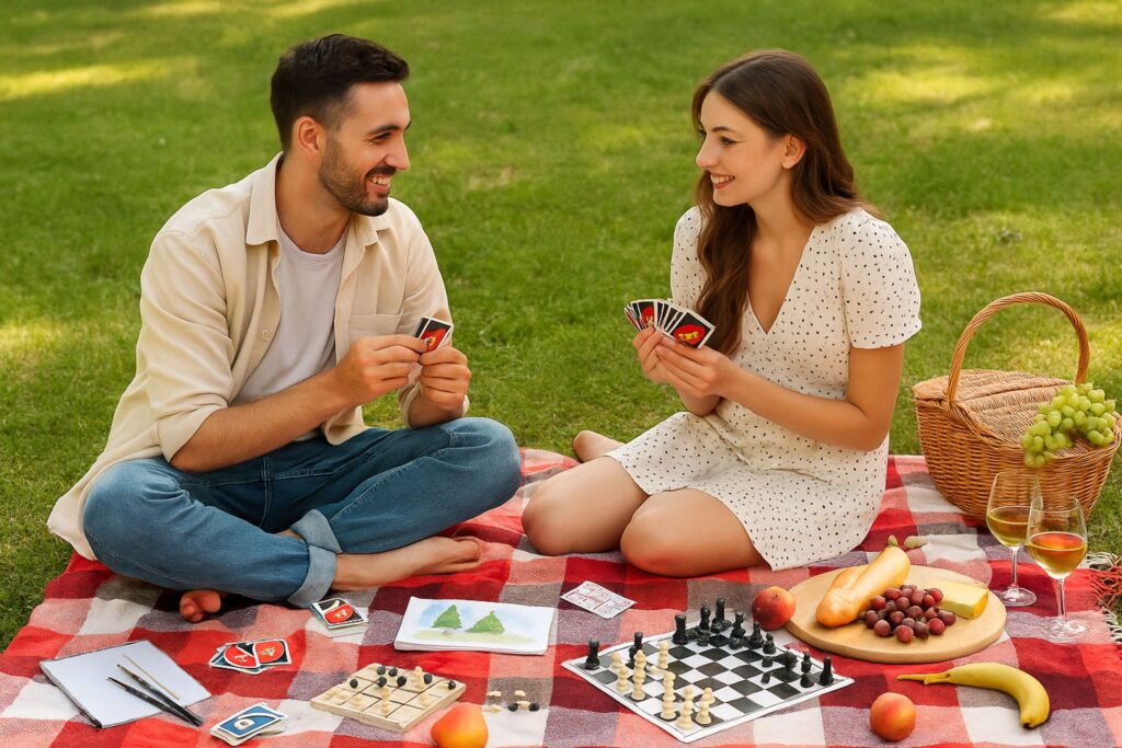 Young couple enjoying a picnic date on a red and white checkered blanket in a sunny park, playing UNO cards and surrounded by picnic essentials—cheese, bread, fruit, wine glasses, a wicker basket, sketchbook, and chess set—capturing the fun and relaxed mood of picnic date games.