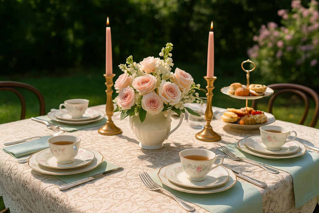 An elegant outdoor tea party table with a lace tablecloth, fine china tea cups and saucers, pastel napkins, and silver cutlery. The centerpiece features a white jug filled with pink roses and greenery, flanked by two tall pink candles in gold holders. A tiered tray with scones and pastries completes the classic afternoon tea setting in a garden.