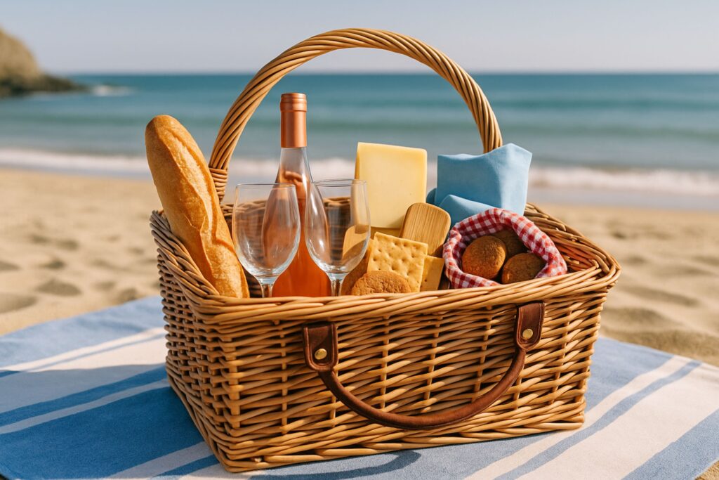 A wicker picnic basket placed on a striped blanket at the beach, filled with a baguette, wine, cheese, crackers, and cookies. Two wine glasses and folded napkins are arranged inside, with the ocean waves and sandy shore visible in the background under a clear blue sky.