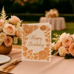 Handmade birthday card in rose-gold and white tones displayed on a wooden picnic table set for a late-summer outdoor celebration, surrounded by blush and cream roses, golden cutlery, and elegant vases in a lush green garden.
