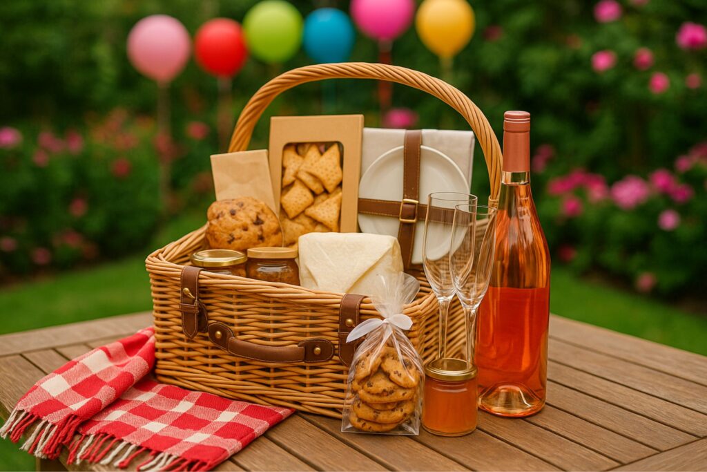 A festive wicker picnic basket displayed on a wooden picnic table in a garden, filled with gourmet treats including cookies, crackers, honey jars, and wine. The basket is surrounded by glassware, a red-and-white checkered cloth, and balloons in the background, creating a celebratory picnic gift presentation.
