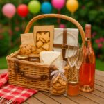 A festive wicker picnic basket displayed on a wooden picnic table in a garden, filled with gourmet treats including cookies, crackers, honey jars, and wine. The basket is surrounded by glassware, a red-and-white checkered cloth, and balloons in the background, creating a celebratory picnic gift presentation.