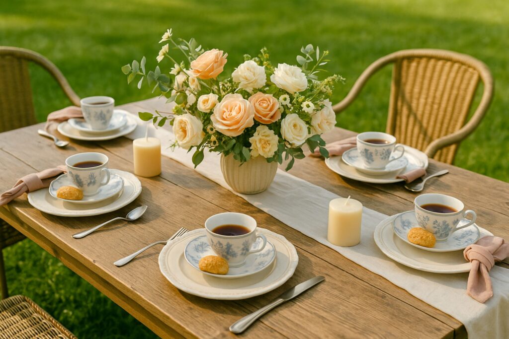 A rustic outdoor tea party table with a wooden surface, styled with a simple white runner and four place settings of blue and white porcelain tea cups and saucers. Each setting includes a small pastry on the saucer and napkins tied with soft pink fabric. The centerpiece is a vase filled with peach and cream roses, accented by greenery, with ivory candles placed along the table for a warm, inviting look.