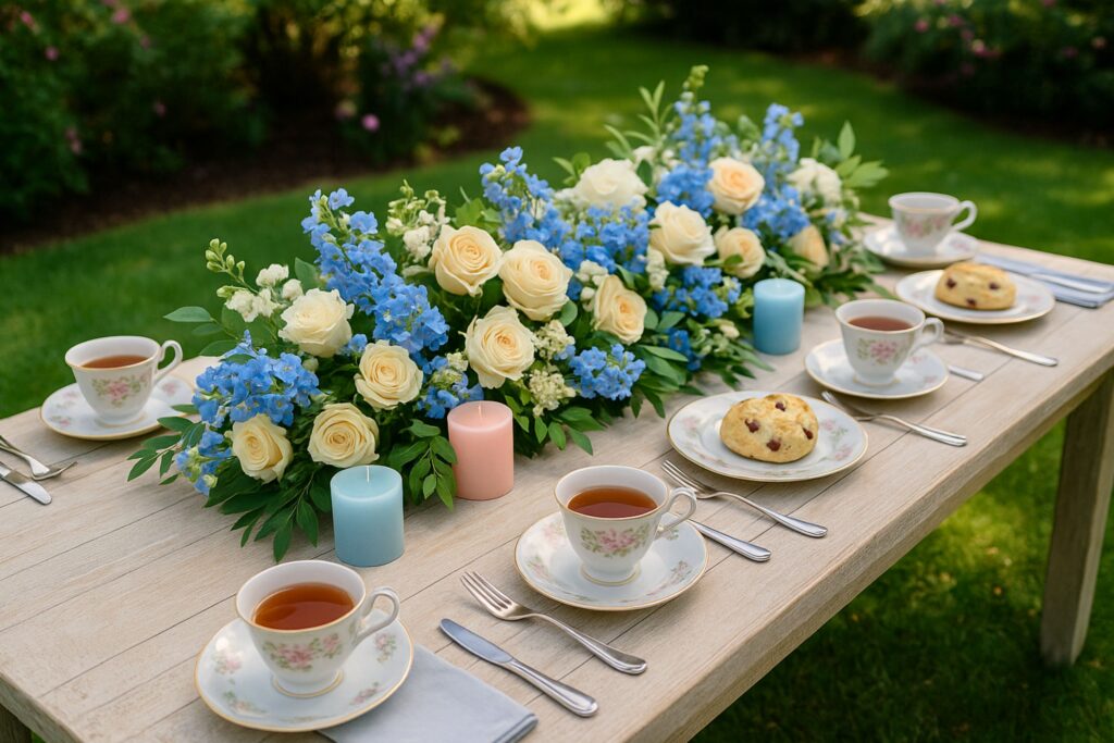 A vibrant garden tea party table decorated with blue hydrangeas, cream roses, and pastel candles. Fine china tea cups filled with tea sit beside plates of scones, creating a cheerful spring-inspired outdoor tea party tablescape.
