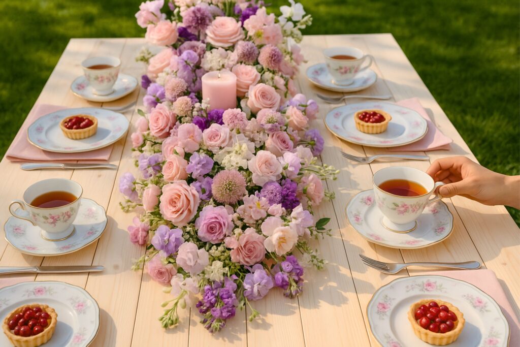 A pastel tea party tablescape with a light wooden table decorated with a lush floral centerpiece of pink and purple roses, carnations, and hydrangeas surrounding a soft pink candle. Fine china tea cups with floral patterns and matching saucers are set alongside small berry tarts on dessert plates. A hand reaches for a tea cup, adding a warm and inviting touch to the elegant outdoor tea party setting.