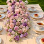 A pastel tea party tablescape with a light wooden table decorated with a lush floral centerpiece of pink and purple roses, carnations, and hydrangeas surrounding a soft pink candle. Fine china tea cups with floral patterns and matching saucers are set alongside small berry tarts on dessert plates. A hand reaches for a tea cup, adding a warm and inviting touch to the elegant outdoor tea party setting.