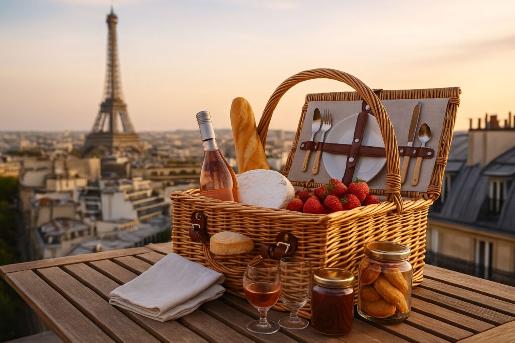 A wicker picnic basket set on a rooftop terrace in Paris at sunset, overlooking the Eiffel Tower and classic Parisian rooftops. The basket is filled with strawberries, baguettes, cheese, wine, jars of preserves, and tableware, styled as a romantic picnic basket gift idea.